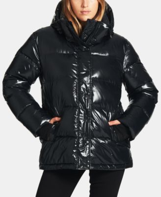 black high shine puffer jacket with fur hood