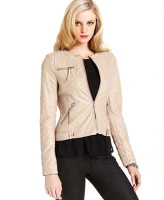GUESS Jacket, Quilted Faux-Leather Motorcycle - Jackets - Women - Macy's