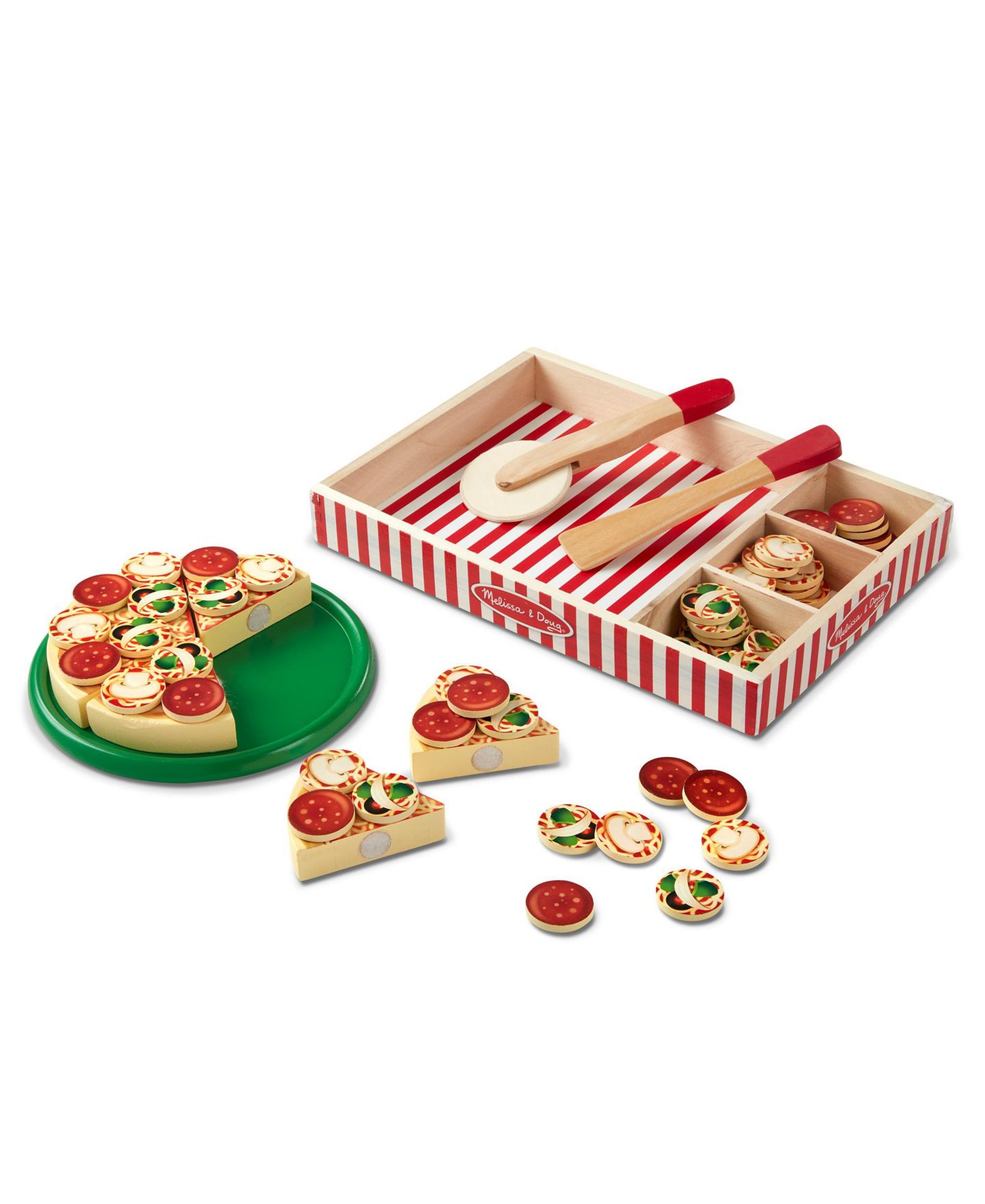 Детские игрушки Melissa and Doug Pizza Party Wooden 63-Piece Play Food Set, Ages 3-5 — фото 1