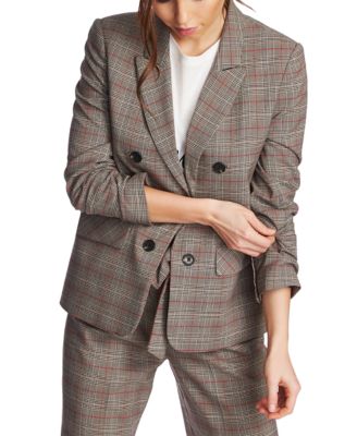 1.STATE - Juniors' Ruched-Sleeve Plaid Blazer