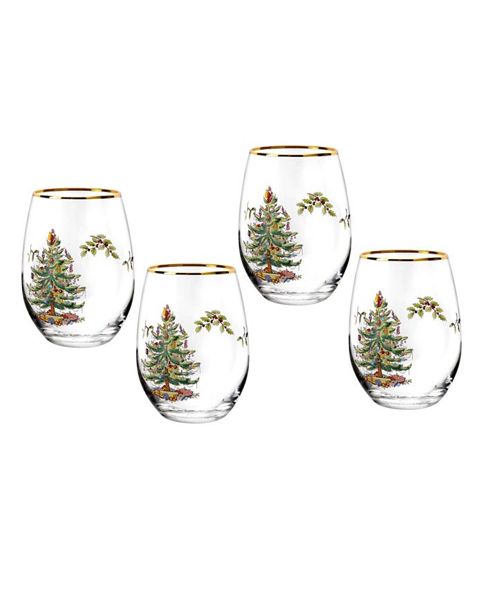 Spode Christmas Tree Set of 4 Stemless Wine Glasses