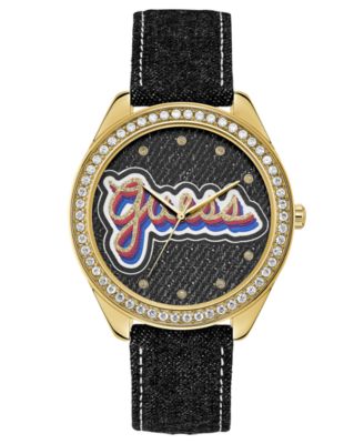 GUESS - Women's Black Denim Leather Strap Watch 44mm