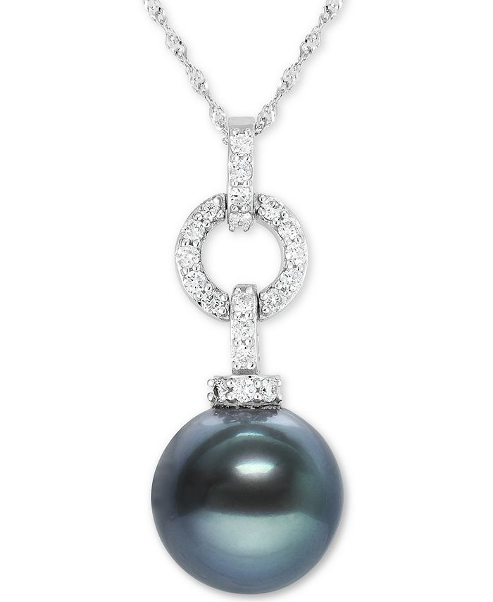 Macy's - Black Tahitian Pearl (10mm) & Diamond (1/4 ct. t.w.) 18" Pendant Necklace in 14k White Gold