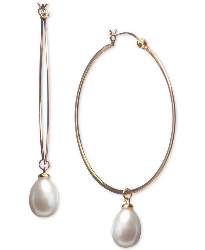 Macy's Cultured Freshwater Pearl (8 x 10mm) Dangle Hoop Earrings in 18k ...