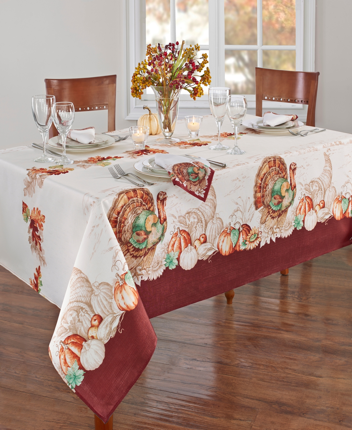 Elrene Holiday Turkey Bordered Fall Tablecloth