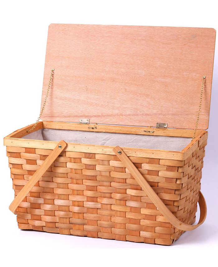 Vintiquewise Large Woodchip Picnic Basket with Lining and Wooden Lid