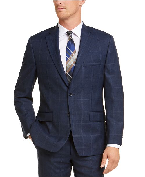 Men S Classic Fit Airsoft Stretch Navy Blue Plaid Suit Jacket