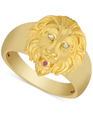 image of Men-s Diamond Accent & Ruby Accent Lion Ring in 14k Gold Over Sterling Silver