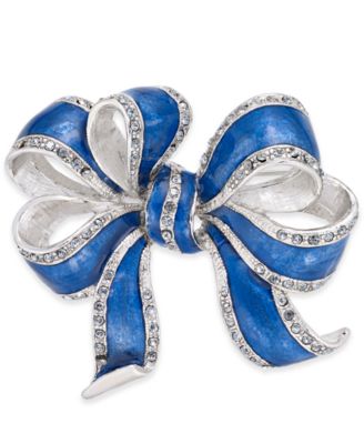 Holiday Lane - Silver-Tone & Blue Pav&eacute; Bow Pin