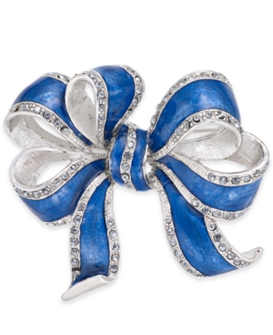 image of Holiday Lane Silver-Tone & Blue Pave Bow Pin, Created for Macy-s