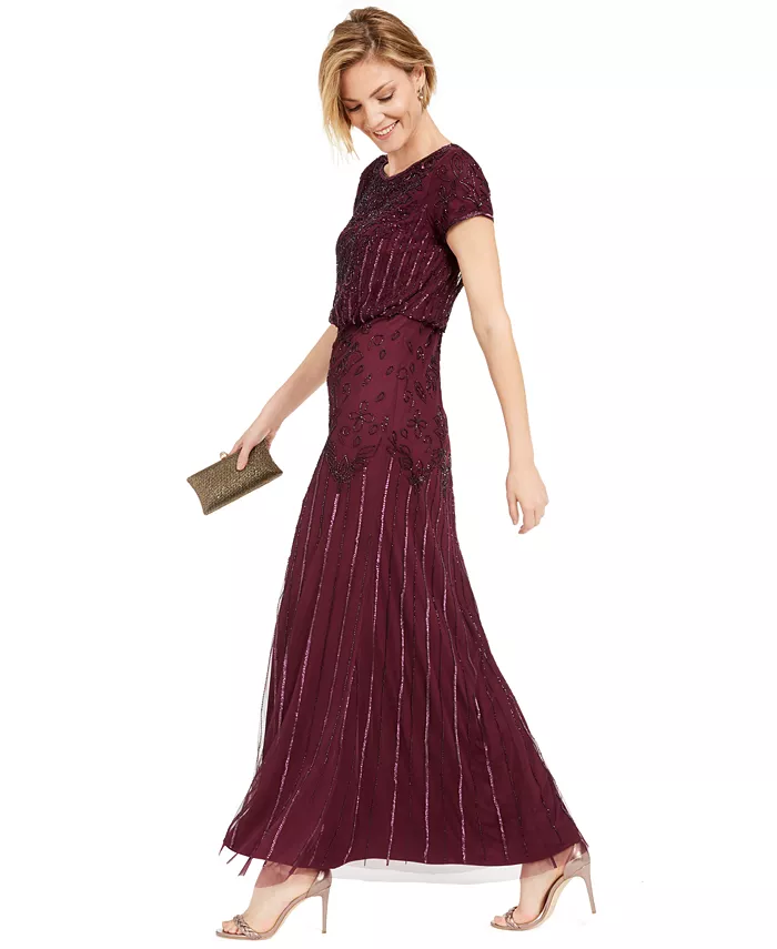 Women's Beaded Short-Sleeve Sheer-Overlay Gown - thumbnail 3