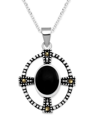 image of Genuine Swarovski Marcasite & Onyx Cross Oval 18