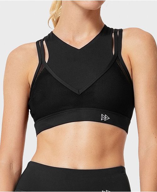 Sports Bras Mesh Covered High Impact Removable Pads Double Layer Multiple Straps Workout Bra With Body Measuring Tape