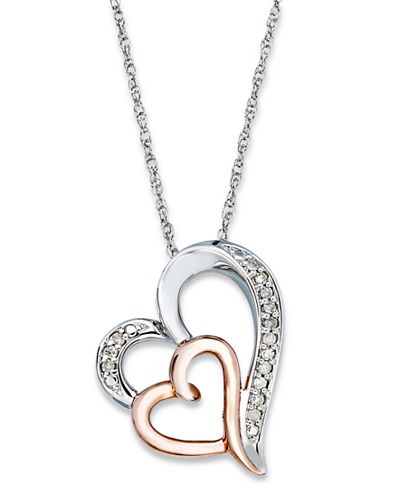 Diamond Double Heart Pendant Necklace in Sterling Silver and 14k Rose ...