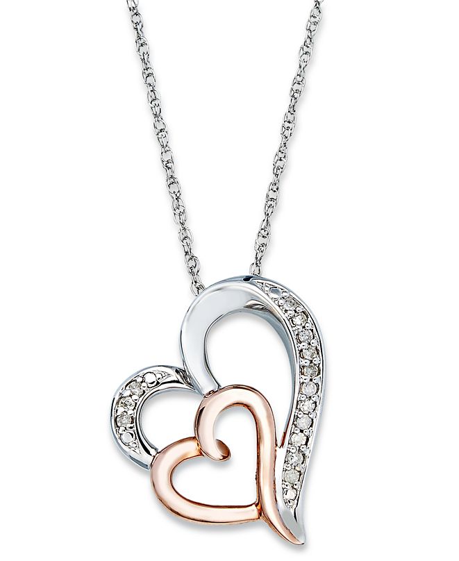 Macy's Diamond Double Heart Pendant Necklace in Sterling Silver and 14k ...