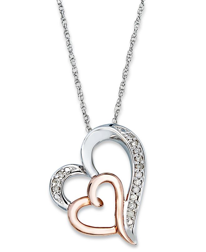 Macy's Diamond Double Heart Pendant Necklace in Sterling Silver and 14k Rose Gold (1/10 ct. t.w