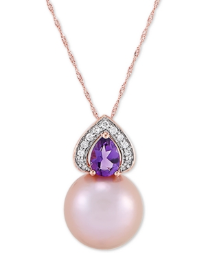 image of Honora Cultured Pink Ming Pearl (13mm), Diamond (1/10 ct. t.w.) & Amethyst (5/8 ct. t.w.) 18