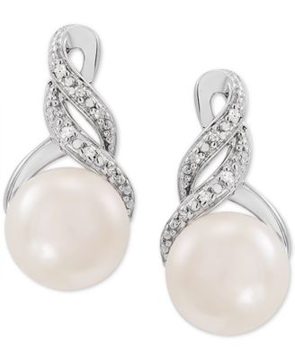 Cultured Freshwater Pearl (8 & 9mm) and Diamond Accent Pendant Necklace and Earrings Set in Sterling Silver or 14k Gold Over Silver