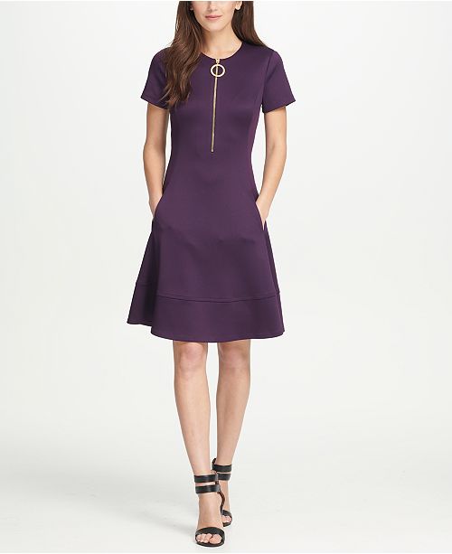 Dkny Short Sleeve Zipper Fit Flare Dress Reviews Macy S