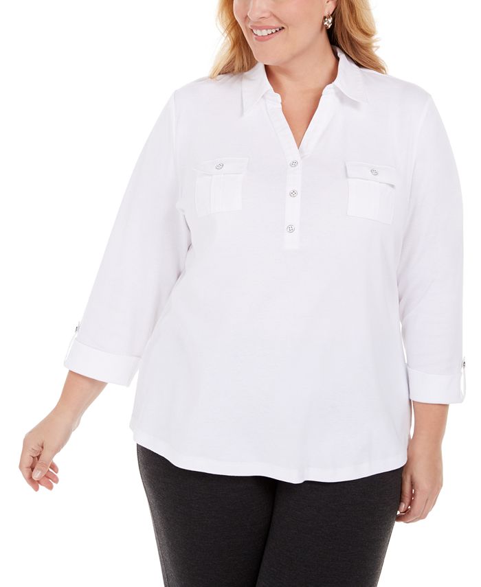 Karen Scott Plus Size Cotton 3/4-Sleeve Polo Top, Created for Macy's ...