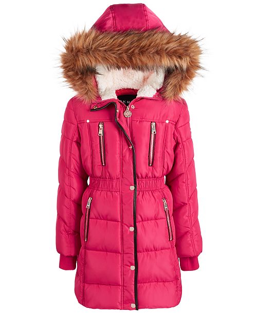 Dkny Little Girls Hooded Puffer Jacket With Faux Fur Trim Reviews Coats Jackets Kids Macy S