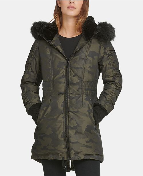 Dkny Faux Fur Trim Camo Print Puffer Coat Reviews Coats