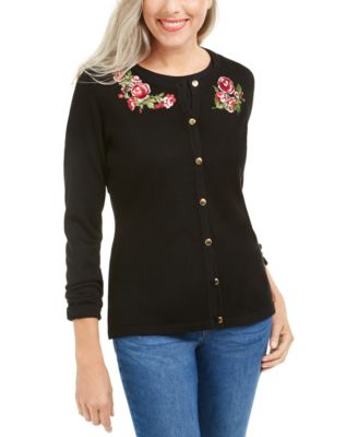 Karen Scott - Petite Floral-Embroidered Cardigan