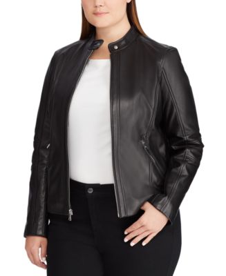 Lauren Ralph Lauren Plus Size Band-Collar Leather Moto Jacket - Macy's