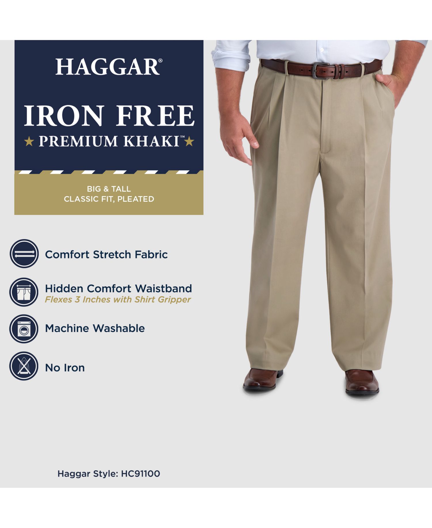 Men's Big & Tall Iron Free Premium Khaki Classic-Fit Pleated Pant