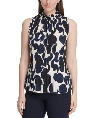 DKNY - ot-Print Pleated Tie-Neck Top