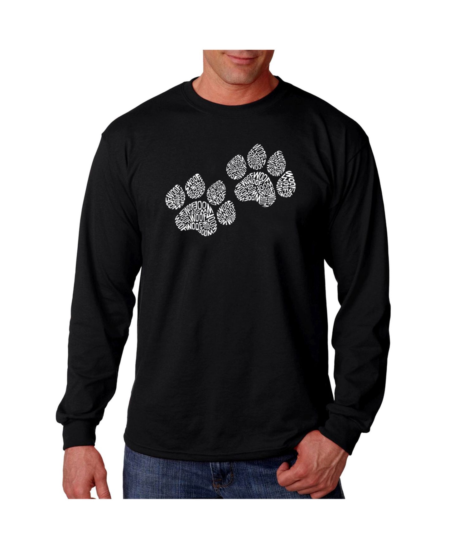 Мужская футболка LA Pop Art Word Art Long Sleeve T-Shirt- Woof Paw Prints, цвет: Чёрный — фото 1