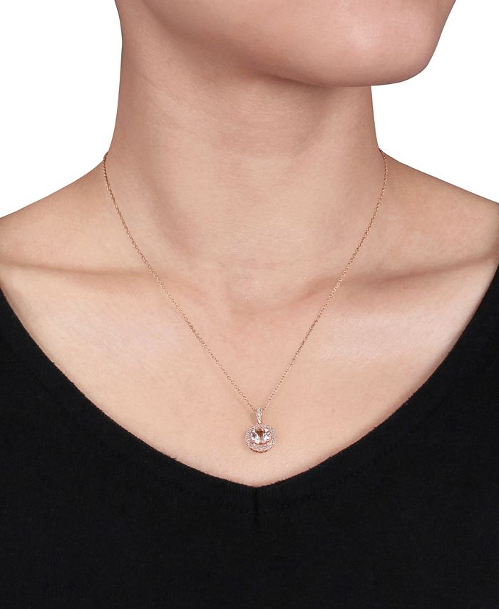 Macy's - Morganite (1-1/6 ct. t.w.) and Diamond (1/10 ct. t.w.) Halo 18" Necklace in Rose Gold over Silver