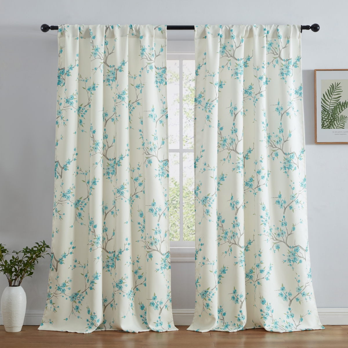Jasmine Floral Patterned Room Darkening Curtain Rod Pocket Pole Top Panels - Set of 2 - Blue