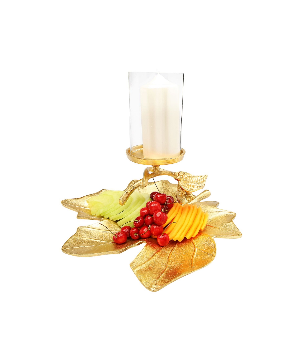 Classic TouchEmbossed Leaf Dish with Branched Candle Holder - Gold