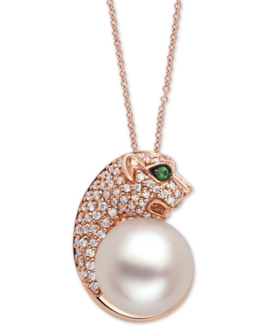 image of Effy Cultured Freshwater Pearl (10mm), Diamond (1/4 ct. t.w.) & Tsavorite Panther Head 18