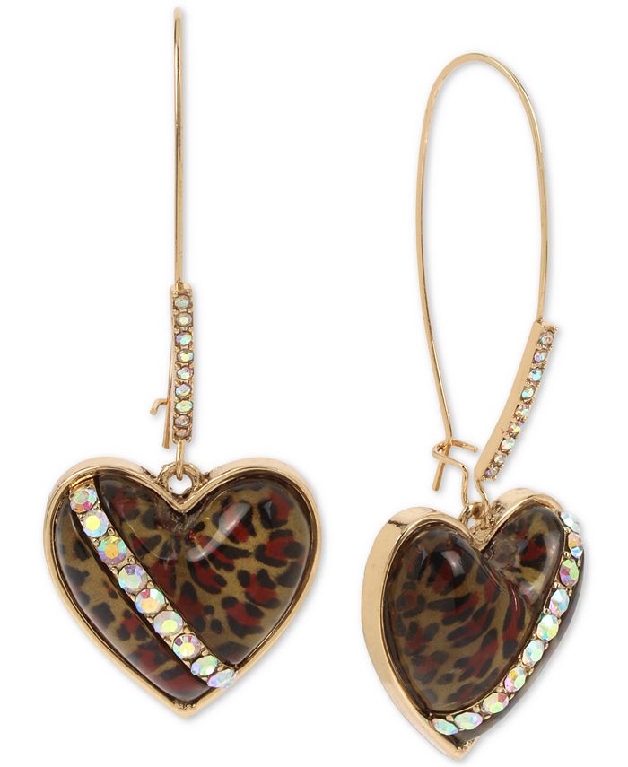 Betsey Johnson - Gold-Tone Crystal Leopard-Print Heart Drop Earrings