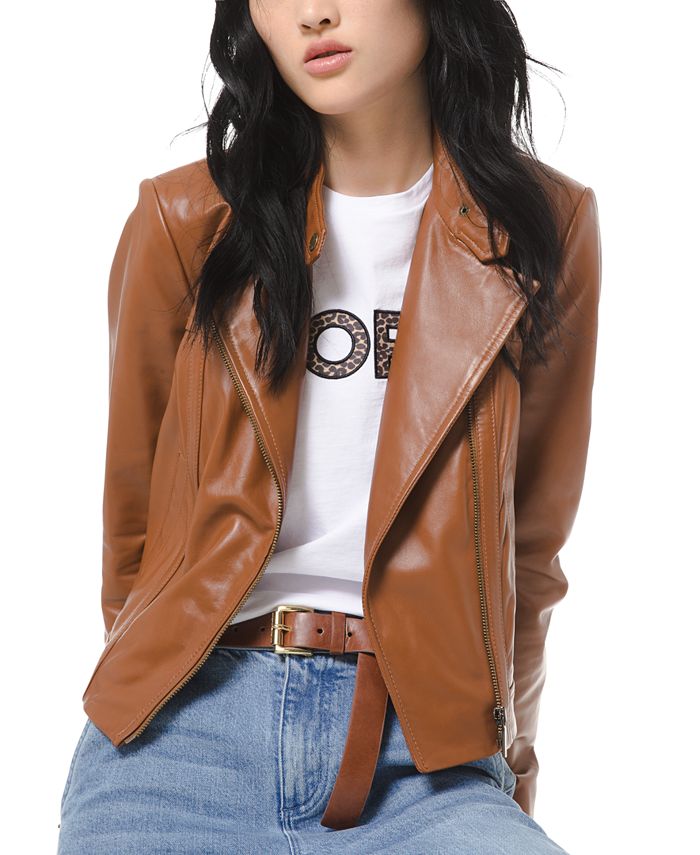 Top 63+ imagen michael kors brown leather jacket