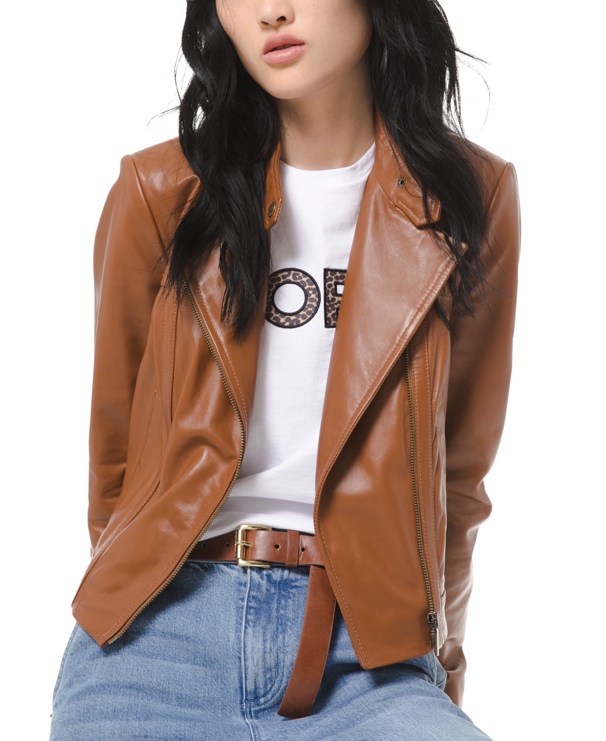Shop Michael Kors Michael  Women's Leather Moto Jacket In Luggage