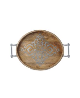 Large 25.5-Inch Long Wood and Metal Heritage Collection Oval Tray