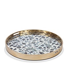 25.8-Inch Etched Floral Collection Round Blue  Petite Floral Mirror Tray