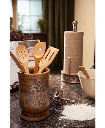 The GG Collection - 8.25-Inch Tall Wood and Metal Inlay Heritage Collection Utensil Holder
