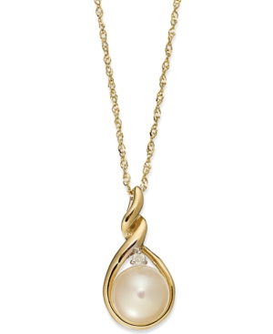image of 14k Gold Necklace, Cultured Freshwater Pearl and Diamond Accent Twist Pendant
