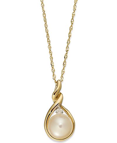 14k Gold Necklace, Cultured Freshwater Pearl and Diamond Accent Twist ...