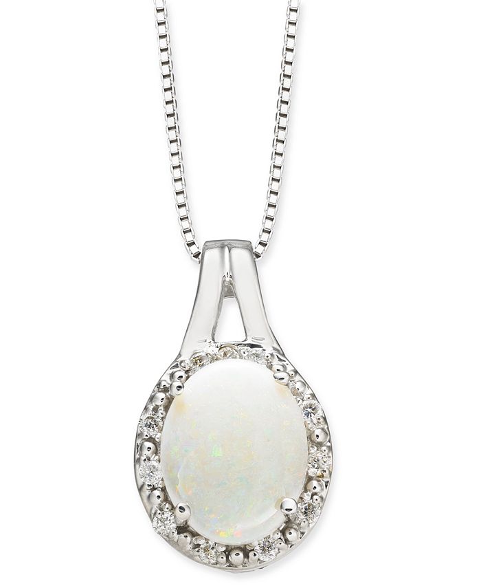 Macy's - Opal (1-1/2 ct. t.w.) & Diamond (1/10 ct. t.w.) 18" Pendant Necklace in 14k White Gold