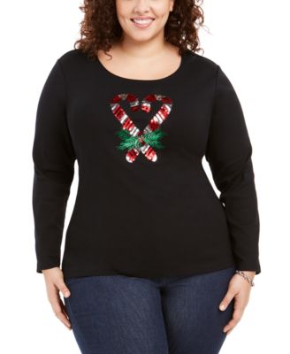 Karen Scott - Plus Size Sequin Candy Cane Top