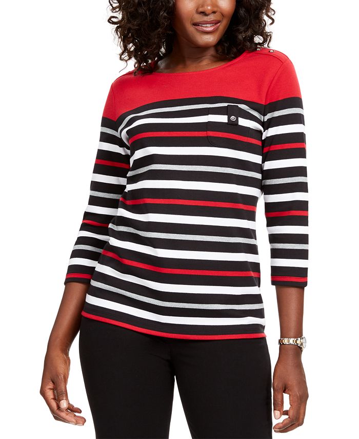 Karen Scott Women's Sport Striped 3/4-Sleeve Top - New Red Amore