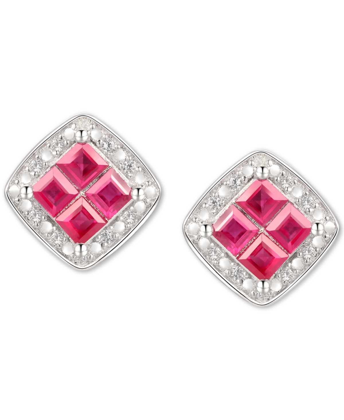 Ruby (5/8 ct. t.w.) & Diamond (1/20 ct. t.w.) Square Stud Earrings in Sterling Silver - White