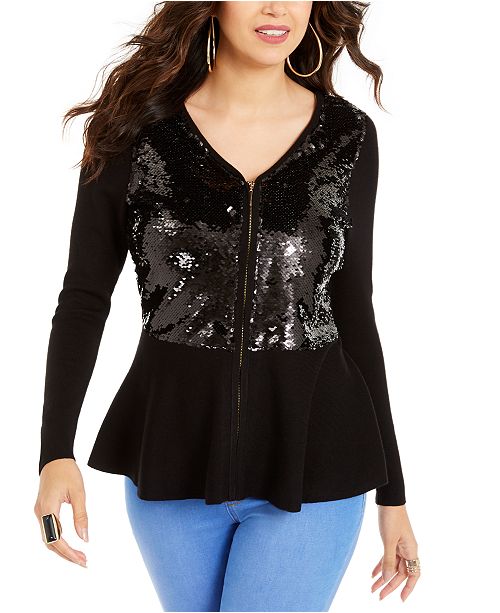 Thalia Sodi Zip Sequined Peplum Sweater Created For Macy S