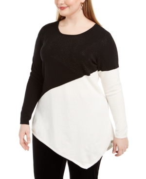 Belldini Plus Size Colorblocked Asymmetrical Glimmer Top In Black/ivory