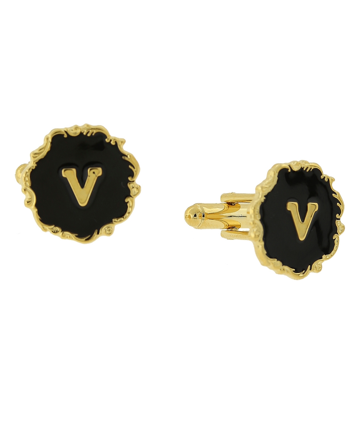 Jewelry 14K Gold-Plated Enamel Initial V Cufflinks - Black